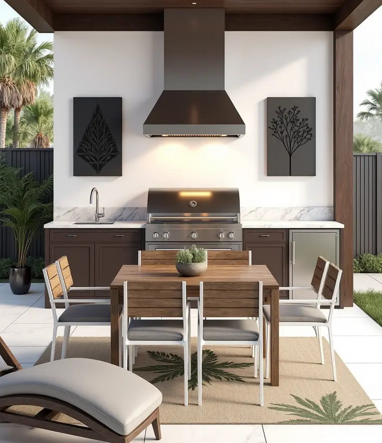 Modern outdoor kitchen and patio dining area in tropical backyard setting