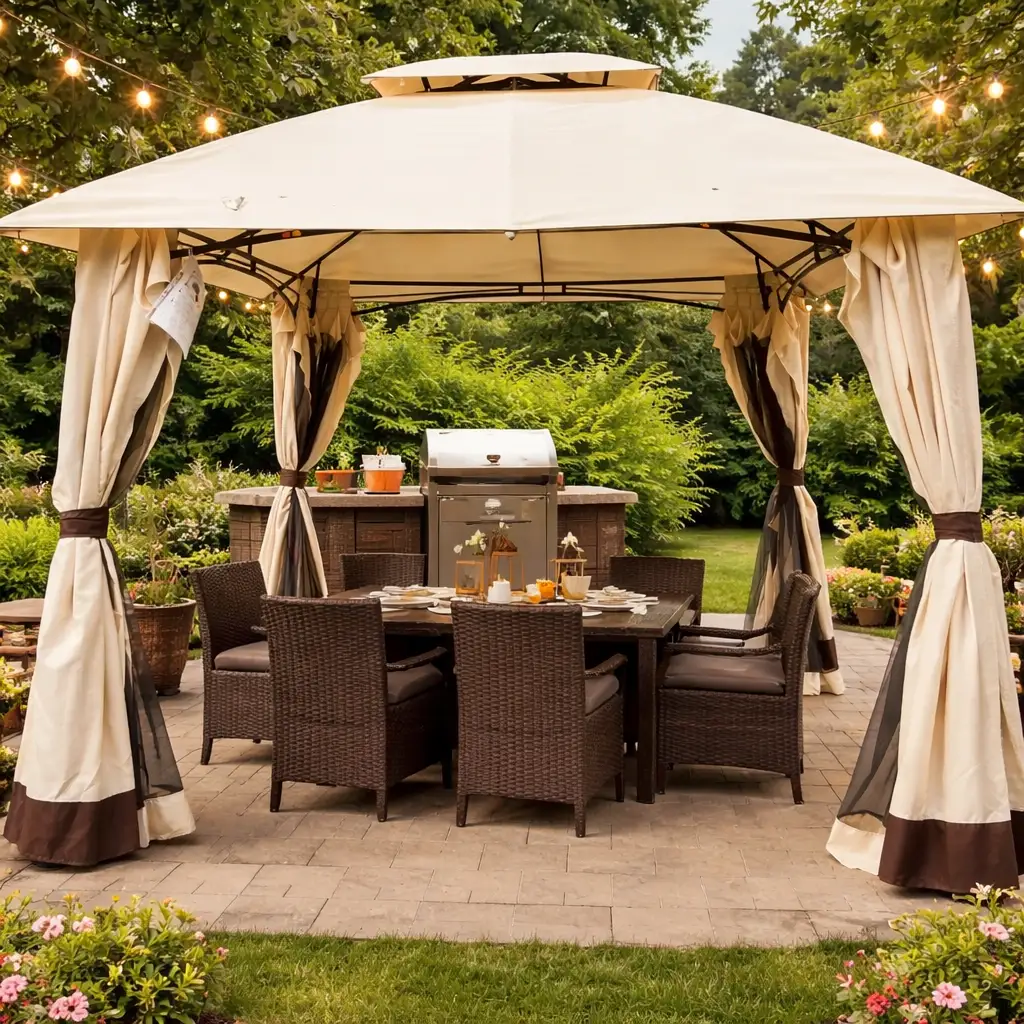 Gazebo màu kem trong sân vườn BBQ Gazebo màu kem trong sân vườn BBQ
