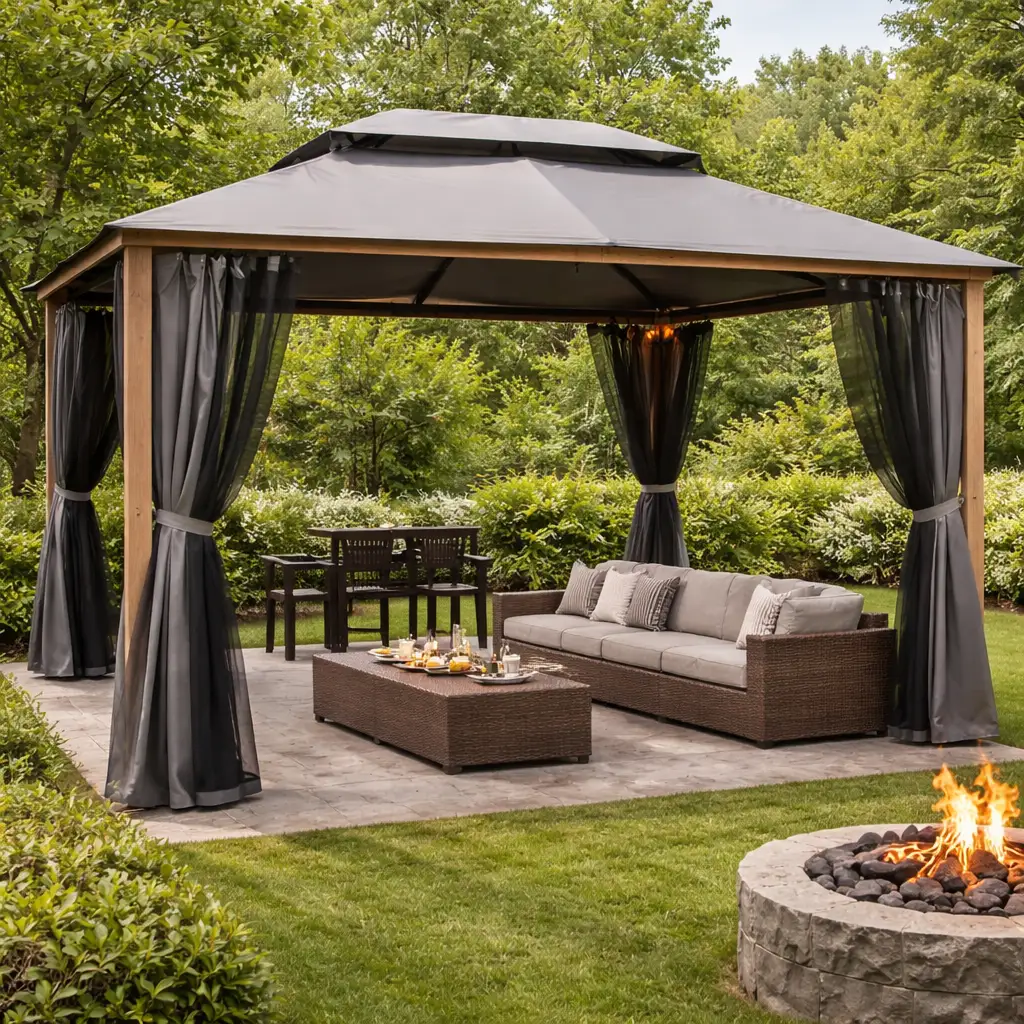 Gazebo ngoài trời mái che sân vườn 2 tầng khung gỗ, lắp đặt tại patio khu BBQ ngoài trời Gazebo ngoài trời mái che sân vườn 2 tầng khung gỗ, lắp đặt tại patio khu BBQ ngoài trời